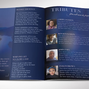 Say goodbye to the traditional, regular funeral program with the Dawn Funeral Program Template for Canva (8 pages, 11x8.5 inches, bifold to 5.5x8.5 inches). This expressively designed Dawn blue celebration of life bi-fold brochure