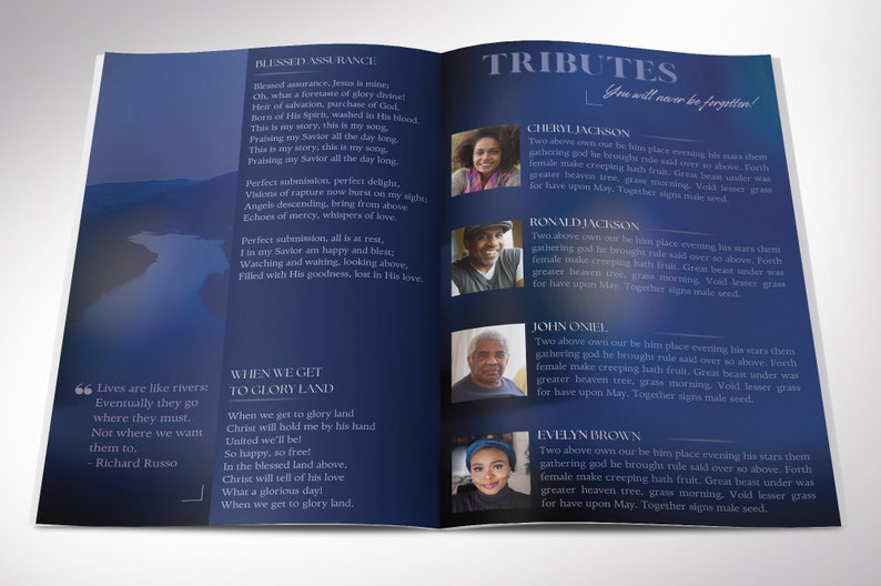 Say goodbye to the traditional, regular funeral program with the Dawn Funeral Program Template for Canva (8 pages, 11x8.5 inches, bifold to 5.5x8.5 inches). This expressively designed Dawn blue celebration of life bi-fold brochure