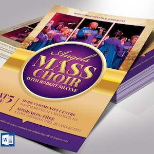 Puede incluir: Un folleto para una actuación de un coro gospel. El folleto es morado y dorado con el texto "Angels Mass Choir with Robert Shayne" y la fecha "Sat 5 June @ 7pm". El folleto también incluye la ubicación "Hope Community Centre 2120 Palmetto St. Mayfield, GA" y el precio de la entrada "Admission: Free".