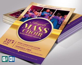 Mass Choir Concert Flyer Template | Word Template, Publisher | Gold Purple Church Invitation, Musical Event | 4x6 inches