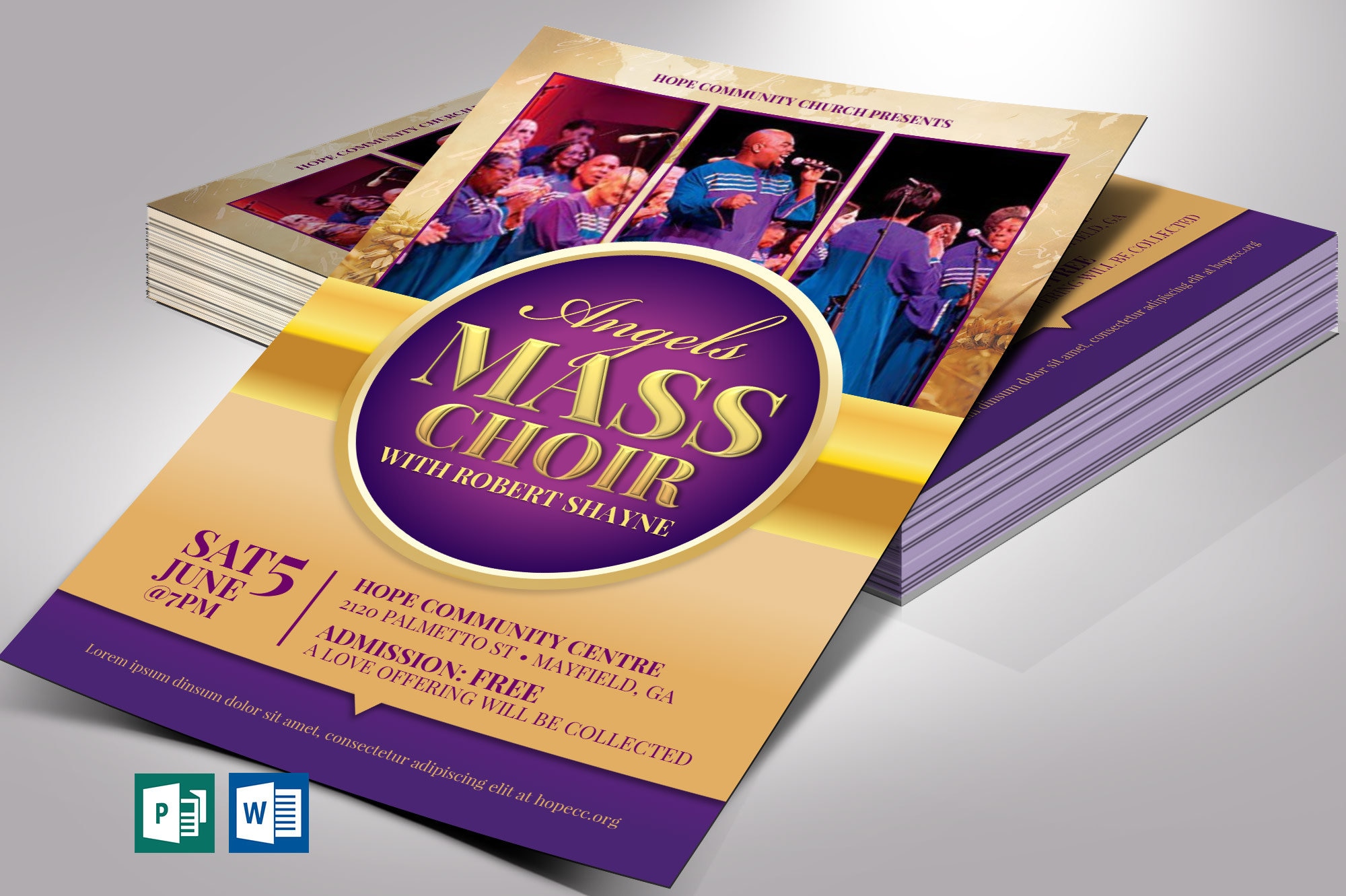 Mass Choir Concert Flyer Template: Gold and Purple (Word & Publisher, Digital Download)