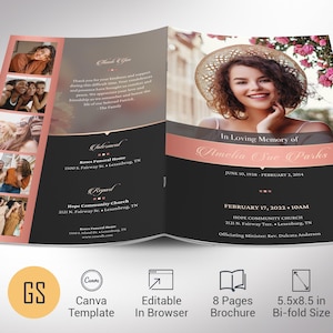 Plantilla de Canva para programa funerario "Remember", color oro rosa y negro, celebración de la vida, diseño de obituario para mujeres, 8 páginas, 5.5 x 8.5 pulgadas, folleto de media carta