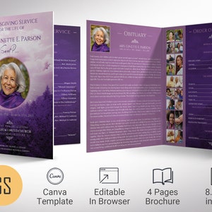 Violet Sky Funeral Program Template: Celebration of Life (Canva, 11x17 in)