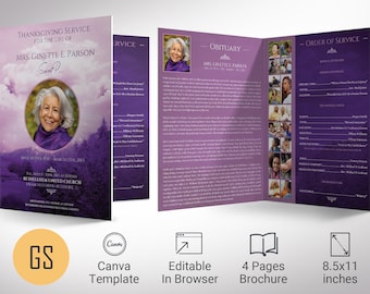 Violet Sky Funeral Program Tabloid Template, Canva Template | Celebration of Life, Obituary Program, 4 Pages | 11x17 in