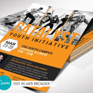 Catalyst Youth Flyer Template for Canva has 2 Print Sizes (4x6 and 5.5x8.5 inches). The youth summit flyer is designed with bold orange colors and geometric shapes. Great for any kind of youth summit, convention, camp