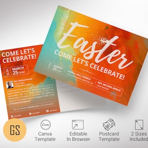 Modelo de cartão postal da igreja de domingo de Páscoa para Canva, convite para igreja de serviço de Páscoa, domingo de ressurreição, editável para impressão, compatível com EDDM