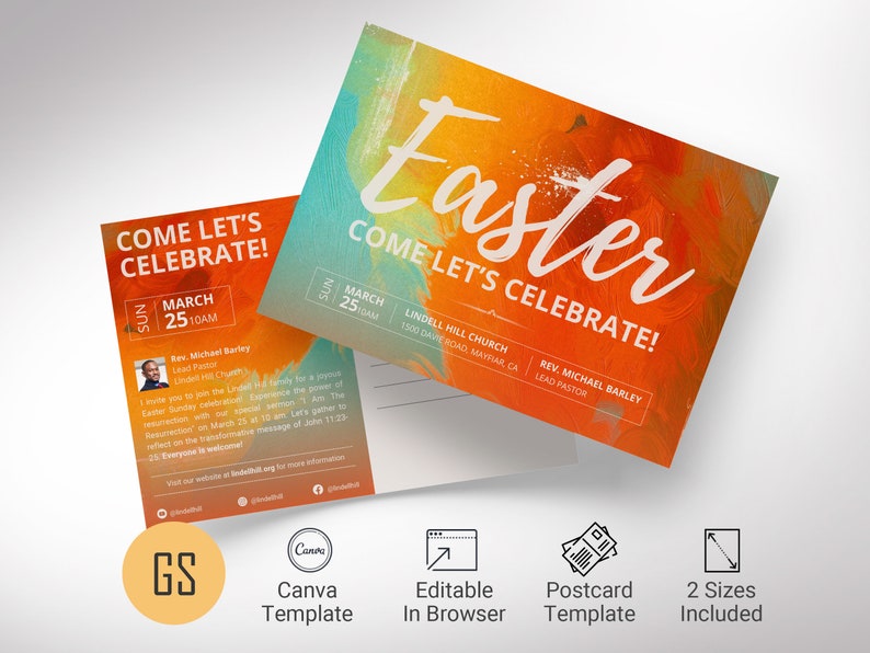 aster Sunday Church Postcard Template designed for Canva. Ideal for a church promotion and church invitation, this template comes in two sizes, 8.5x5.5 inches and the EDDM compliant size of 9x6.25 inches