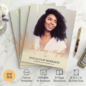 Beige Floral Funeral Program Template | Canva: 8 Page Bifold Memorial Obituary (8.5x11) Digital Download