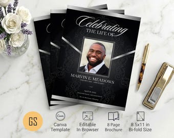 Plantilla de programa funerario en negro y plateado / Canva: obituario de 8 páginas con formato tabloide de la victoria (8,5 x 11 pulgadas), descarga digital