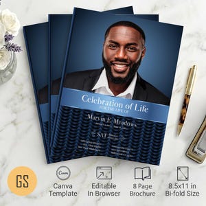 Black & Blue Waves Funeral Program Template | Canva: 8-Page Bifold Memorial Obituary (8.5x11) Digital Download