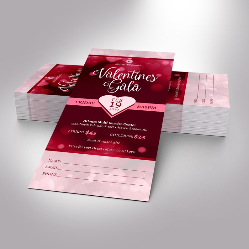 Red Pink Valentines Day Gala Ticket Template, Word Template, Publisher, Banquet Ticket, Size 3x7 inches image 3