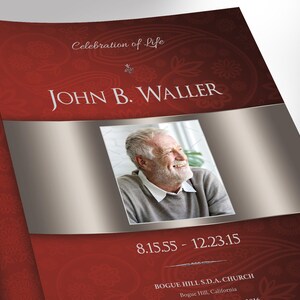 Burgundy Silver Funeral Program Tabloid Word and Publisher Template have 8 pages and feature a burgundy paisley background with silver decals. The Tabloid Print Size of 17x11 inches is Bi-Folded to 8.5x11 inches.