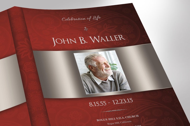 Burgundy Silver Funeral Program Tabloid Word and Publisher Template have 8 pages and feature a burgundy paisley background with silver decals. The Tabloid Print Size of 17x11 inches is Bi-Folded to 8.5x11 inches.