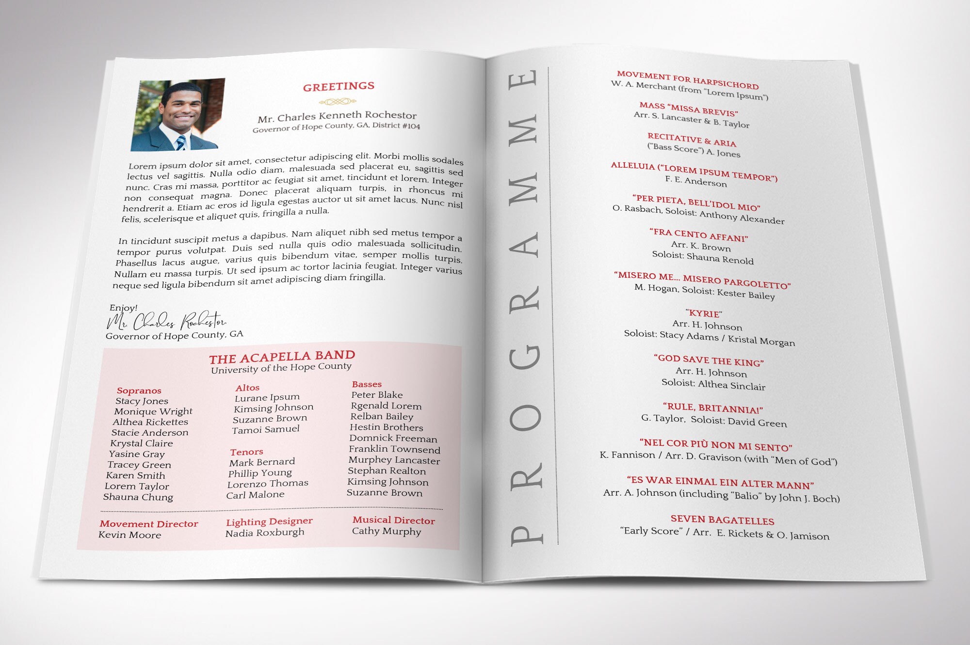 Musical Event Programs Red & Gold Musical Event Program Template: 4-page Bifold Concert ...