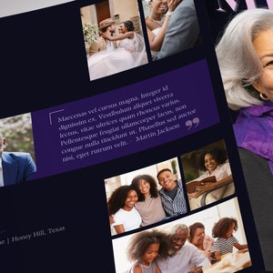 A magazine-style funeral program. Twilight Tabloid Funeral Program Template for Canva (8 pages, 17x11 inches, bifold to 8.5x11 inches). This expressively designed twilight purple celebration of life bi-fold brochure