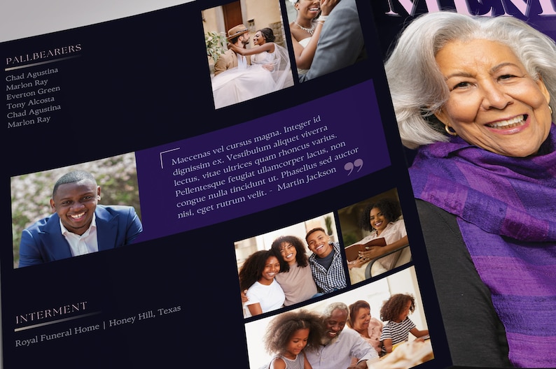 A magazine-style funeral program. Twilight Tabloid Funeral Program Template for Canva (8 pages, 17x11 inches, bifold to 8.5x11 inches). This expressively designed twilight purple celebration of life bi-fold brochure