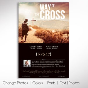 Cross Way Easter Flyer Template for Canva is Size 5.5x8.5 inches. The design depicts a man running on a path toward a cross. The Church Invitation Postcard is for church Easter Services, Sermon Series, and Easter Cantatas.