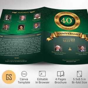 Green & Gold Church Anniversary Program Template: Elegant Gala Bulletin (5.5x8.5&quot; Digital Download) Canva