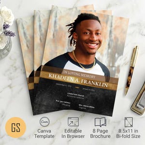 Gold Foil Funeral Program Template for Canva: 8 Page Bifold Memorial Obituary (8.5x11) Digital Download