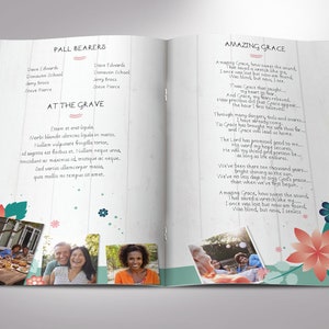 Spring Funeral Program Template for Word and Publisher has 8 pages. The Celebration of Life obituary template is a scrapbook style with teal, beige, and pink. The Print Size of 11x8.5 inches is Bi-Fold to 5.5x8.5 inches. Designed for funerals