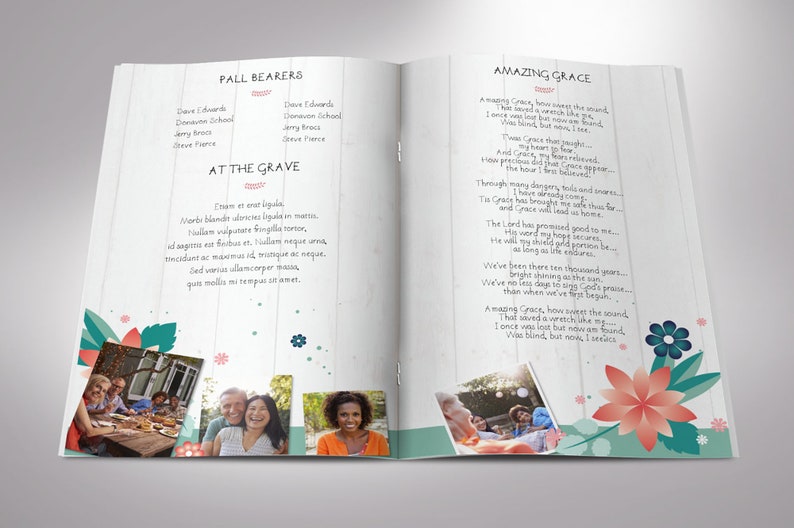 Spring Funeral Program Template for Word and Publisher has 8 pages. The Celebration of Life obituary template is a scrapbook style with teal, beige, and pink. The Print Size of 11x8.5 inches is Bi-Fold to 5.5x8.5 inches. Designed for funerals