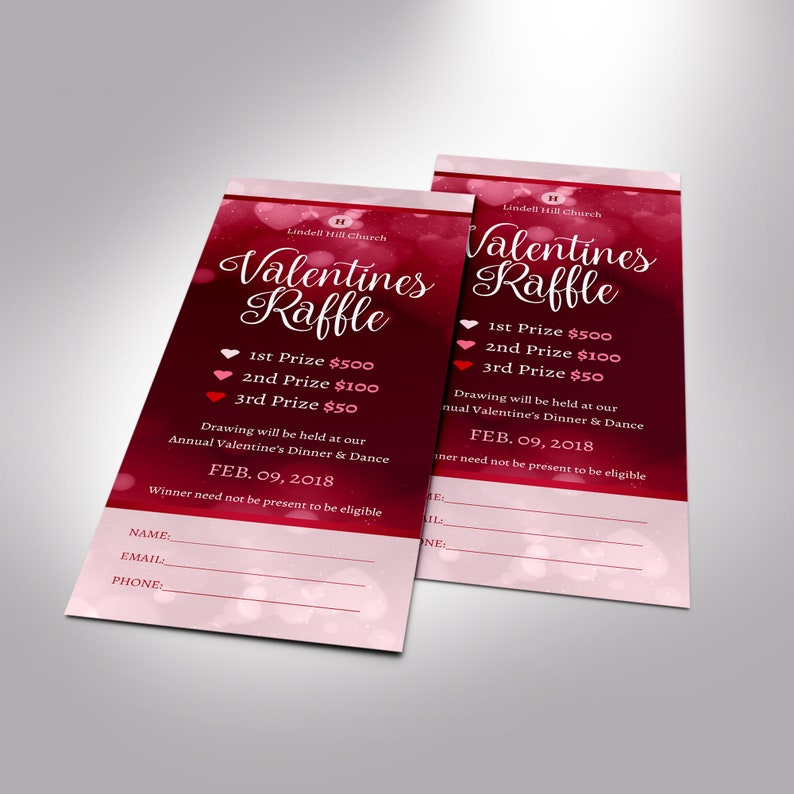 Red Pink Valentines Day Raffle Ticket Template, Word Template, Publisher, Fundraiser Event, Size 2.25x6 inches image 5