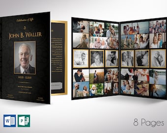 Black Gold Tabloid Funeral Program Template | Word Template, Publisher - V2 | Celebration of Life | 8 Pages | 11x17 in