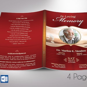 May include: A red and gold funeral program with a photo of a man and the text "In Loving Memory" at the top. The program includes the deceased's name, dates of birth and death, and the name of the church where the service will be held.