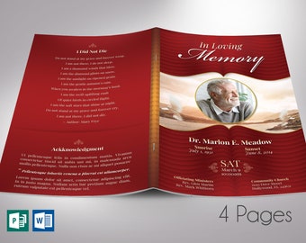 Red Gold Loving Funeral Program Template, Red Gold, Word Template, Publisher, Celebration of Life, 4 Pages, 5.5x8.5 in