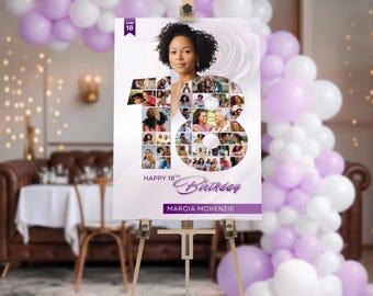 18th Birthday Photo Collage Poster Canva Template 24x36 Purple Number Board (Digital Download)