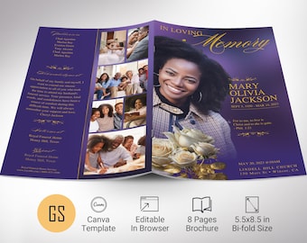 Classic Rose Funeral Program Template, Canva, Purple Gold, Magazine-Style, Obituary Template, Celebration of Life, Women 8 Pages, 5.5x8.5 in