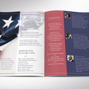 Inside Back - American Military Funeral Program Canva Template - V4. is 11x8.5 inches and bifold to 5.5x8.5 inches. This meticulously crafted 8-page bi-fold program pays tribute to those who have served our nation