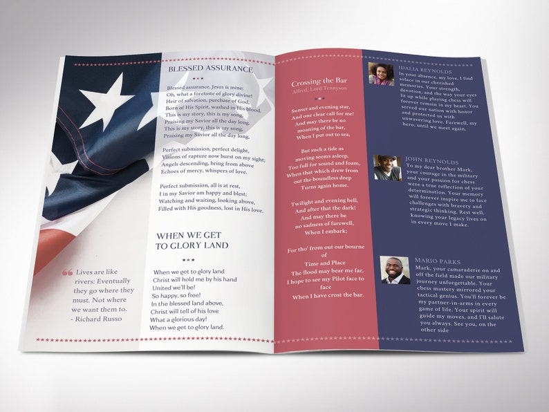 Inside Back - American Military Funeral Program Canva Template - V4. is 11x8.5 inches and bifold to 5.5x8.5 inches. This meticulously crafted 8-page bi-fold program pays tribute to those who have served our nation