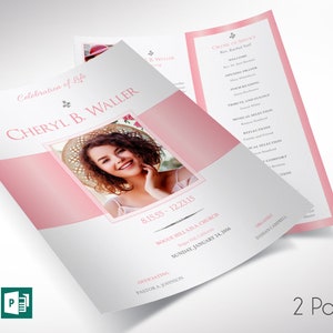 White Pink Funeral Program Template Set, Word and Publisher, Single Sheet Program, Celebration of Life, Women's Obituary Template, 8.5x11 V1