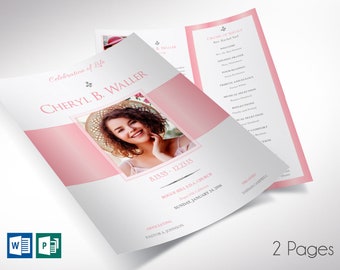 White Pink Funeral Program Template, Single Sheet | Word Template, Publisher V1 | Celebration of Life | 8.5x11 in