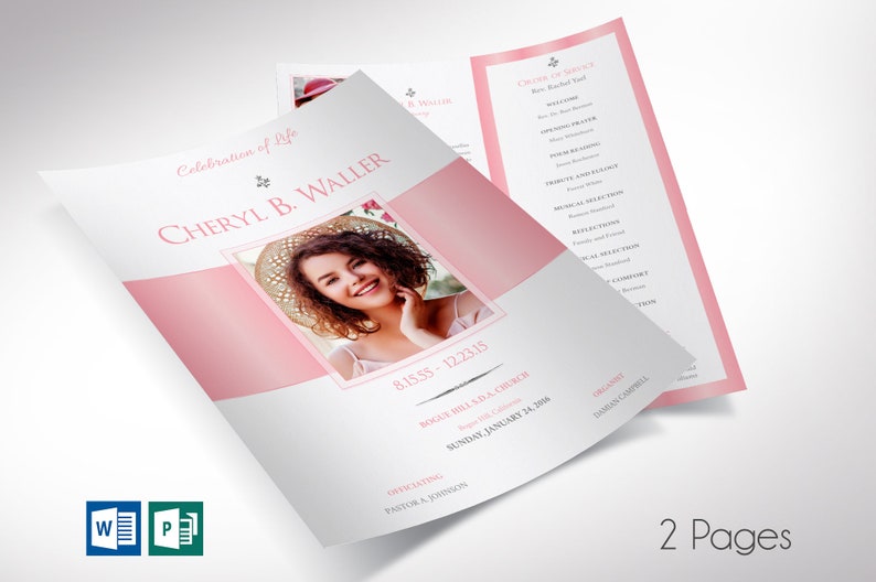 White Pink Funeral Program Template, Single Sheet Word Template, Publisher V1 Celebration of Life 8.5x11 in image 1