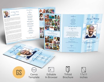Baby Blue Trifold Funeral Program Template, Tabloid Canva Template, Celebration of Life, Obituary Program, 11x17 in