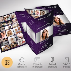 Purple Floral Funeral Program Template: Legal Trifold, Celebration of Life (Canva Digital Download)