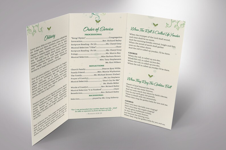 Green Princess Trifold Funeral Program Template Word Template, Publisher Green Beige, Celebration of Life, Memorial Service 11x8.5 in image 6