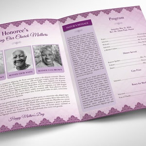 Mothers Day Gala Tabloid Program Template for Word and Publisher has 4 pages. The Banquet Program features a vintage purple decorative theme. The Church bulletin Print Size of 17x11 inches is Bi-Fold to 8.5x11 inches. Ideal program for Mothers Day