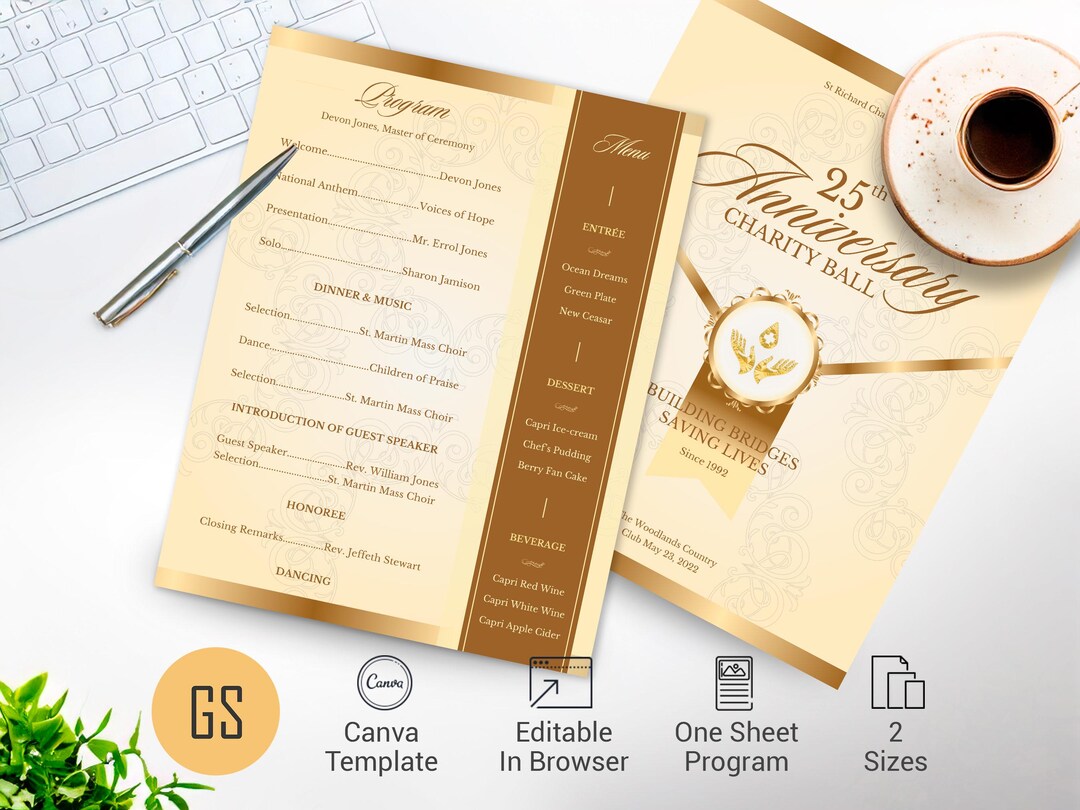 Program Insert Gala Beige & Gold Gala Program Template | One Page Church Anniversary ...