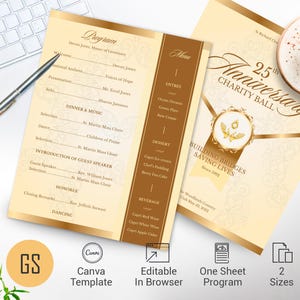 May include: A gold and cream charity ball program and menu template. The design includes event details, menu items, and the text "25th Anniversary Charity Ball". A coffee cup and pen are also visible. The template is editable.