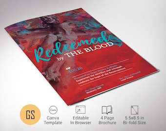 Plantilla para el programa de la iglesia del Domingo de Pascua: Lienzo plegable de 4 páginas en rojo y azul (5.5 x 8.5 pulgadas) Digital