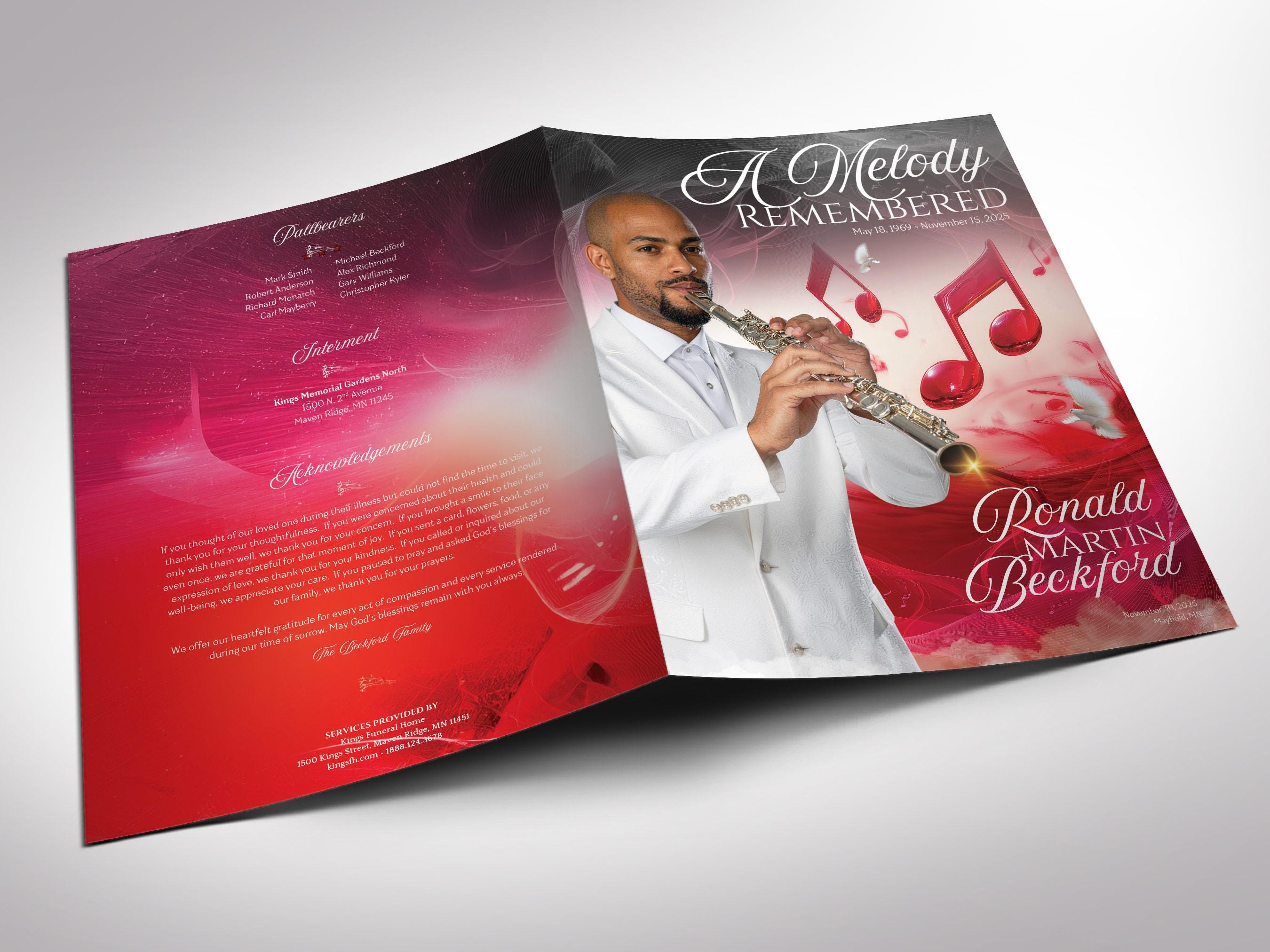 Musical Funeral Red Musical Funeral Program Template for Canva: 8 Page Bifold Memorial ...