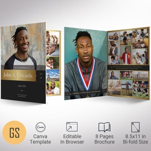 Gold & Black Funeral Program Template: Memorial Bifold Brochure (Canva, 11x17)