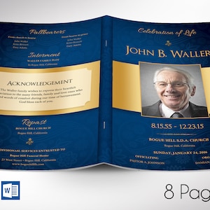 Blue Gold Funeral Program Template | Word Template, Publisher V1 | Celebration of Life | 8 Pages | Bifold to 5.5x8.5 in