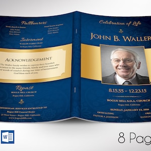 May include: A blue and gold funeral programme with a photo of John B. Waller. The programme includes the dates 8.15.55 - 12.23.15, the name of the church, Bogie Hill S.D.A. Church, and the date of the service, Sunday, January 24, 2016. The programme also includes the names of the officiant, Pastor A. Johnson, and the organist, Damian Campbell.