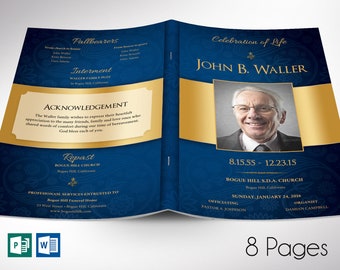 Blue Gold Funeral Program Template | Word Template, Publisher V1 | Celebration of Life | 8 Pages | Bifold to 5.5x8.5 in