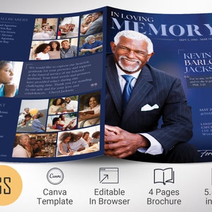 Plantilla de programa funerario de Blue Dawn para Canva, estilo revista, celebración de la vida, azul marino, plantilla de obituario para hombres, 4 páginas, 5,5 x 8,5 pulgadas