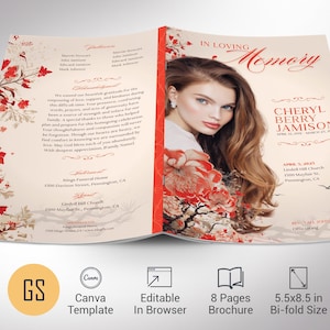 Plantilla de programa funerario chinoiserie, Canva, rojo y beige, celebración de la vida, obituario de una mujer, editable e imprimible, plegable de 8 páginas, 5.5 x 8.5 pulgadas